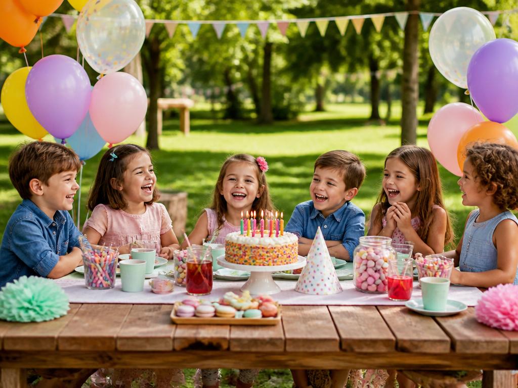 Bambini che festeggiano un compleanno al parco con torta e palloncini colorati