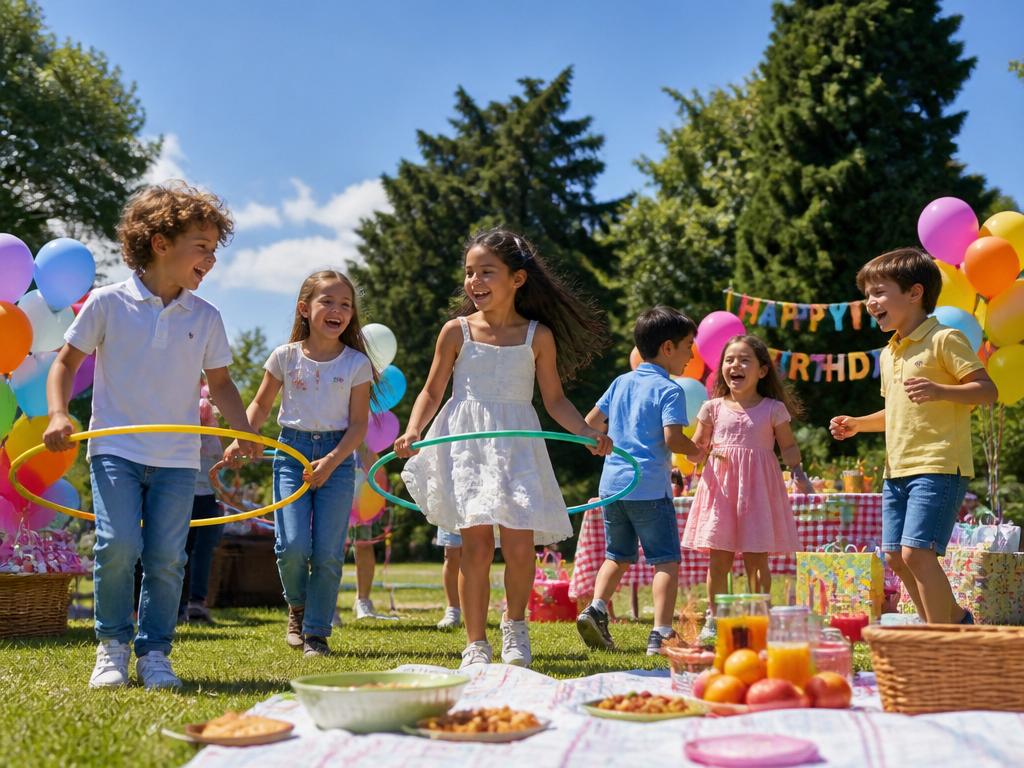 Bambini che giocano felici all'aperto durante una festa di compleanno